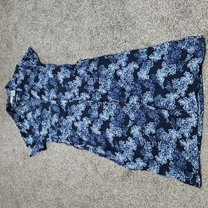 Vintage White Stag Blue Floral Button Front Short Sleeve Maxi w Tie Waist